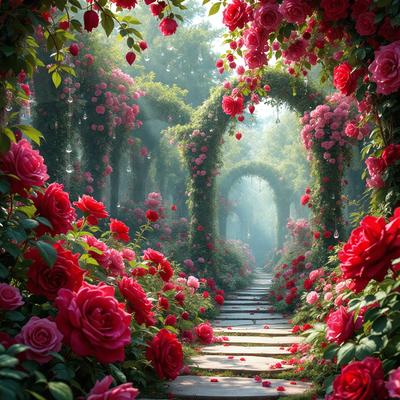 The primary subject of the image is a beautiful garden with a pathway surrounded by a variety of flowers. The setting is a lush, green garden with a variety of flowers, including red roses, scattered throughout the area. The visual style of the image is a combination of photo and digital art, creating a vibrant and colorful scene. The dominant colors in the image are red and pink, giving the garden a warm and inviting atmosphere.